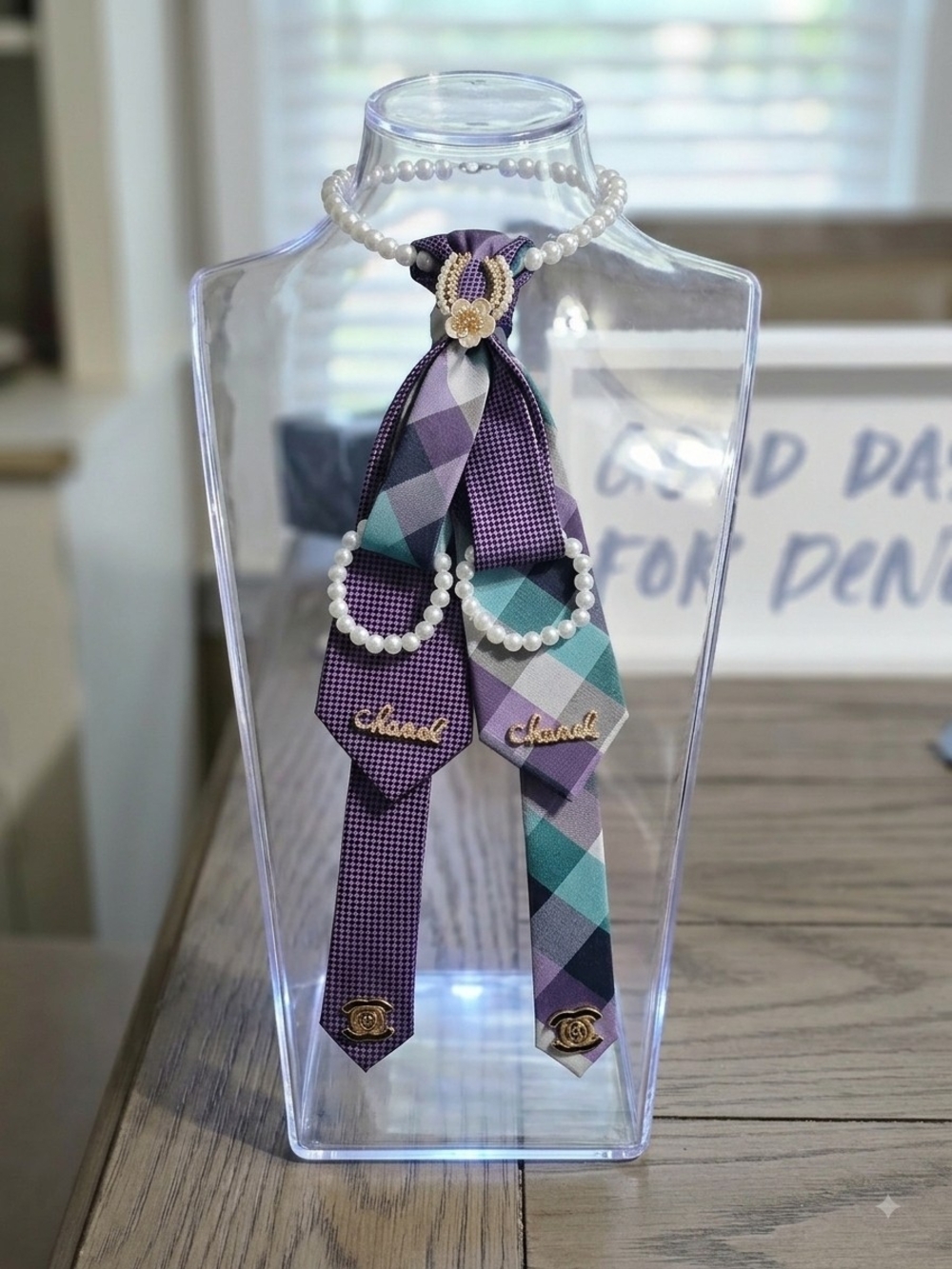 Pearl Tie Scarf Necklace with Purple Plaid Accents